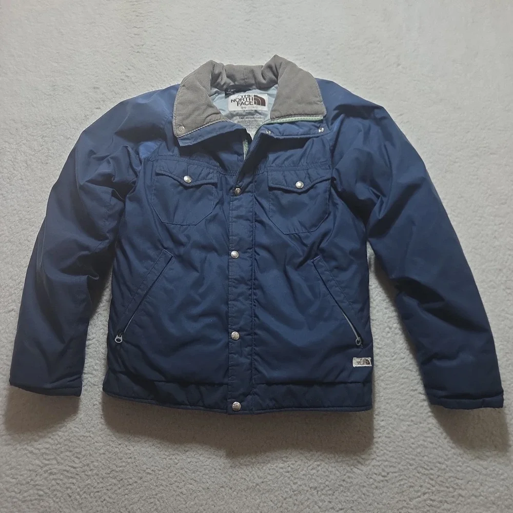 VTG 80s The North Face Sierra Down Jacket Made USA Blue Corduroy Collar Size Med